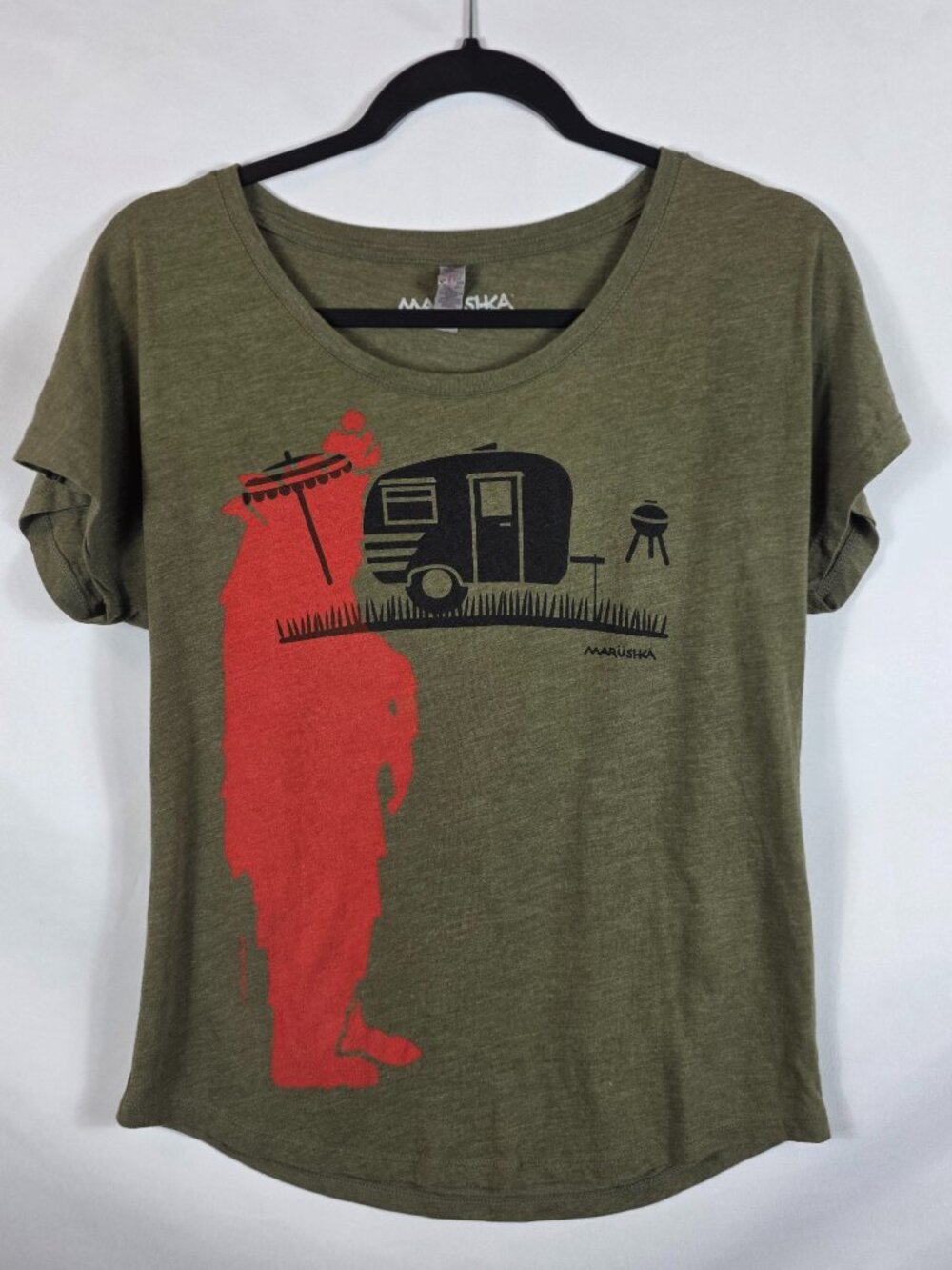 Marushka Hand Printed Tee Shirt Women's Size Small Army Green Campsite & Bear